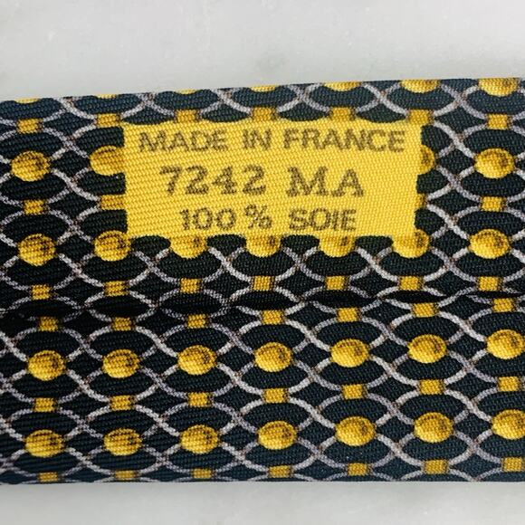 HERMES Tie 100% Silk Tie 56” x 3.25” Gold Dot on Black Geometric Preppy 7242 EUC - Picture 5 of 6